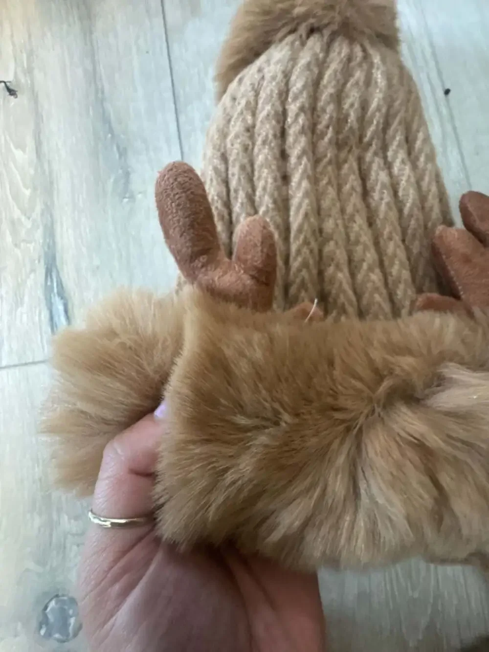 Women's Winter Cable Knit Beanie with Faux Fur Cuff and Antler Details